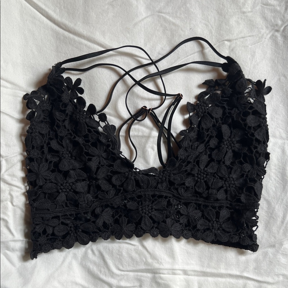 Black Floral Lace Bralette Lined 100% Cotton Small